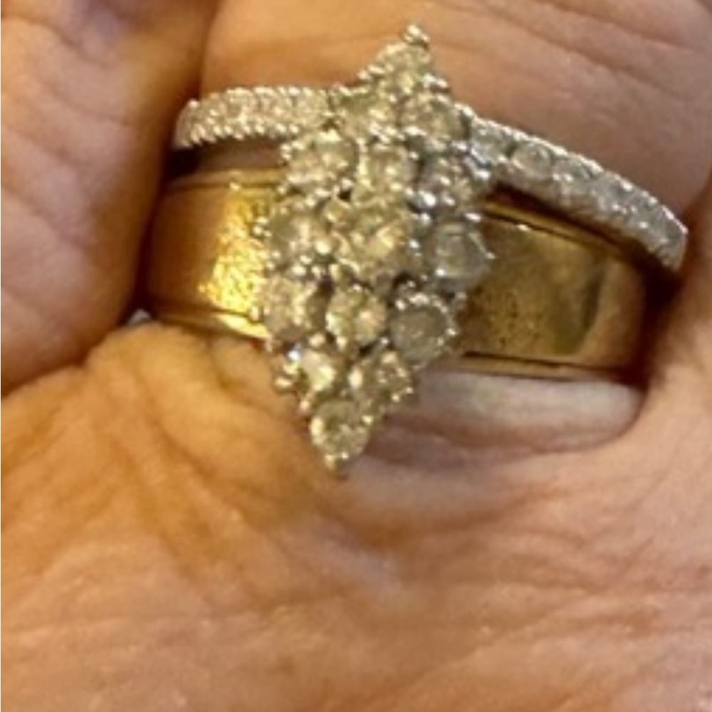14K wide yellow gold band with a cluster of real diamonds, size 8.5.